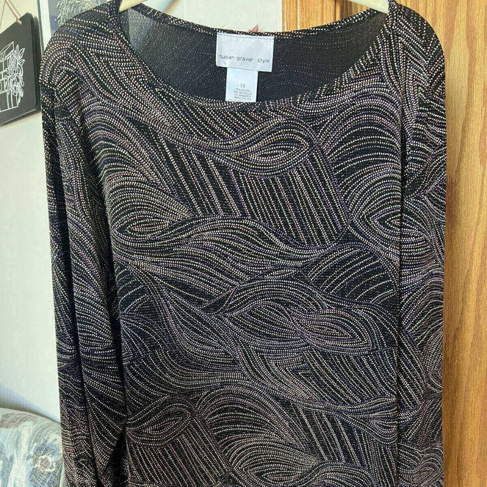 SUSAN GRAVER 1X brown beige copper METTALIC THREAD long sleeve BLOUSE NEW